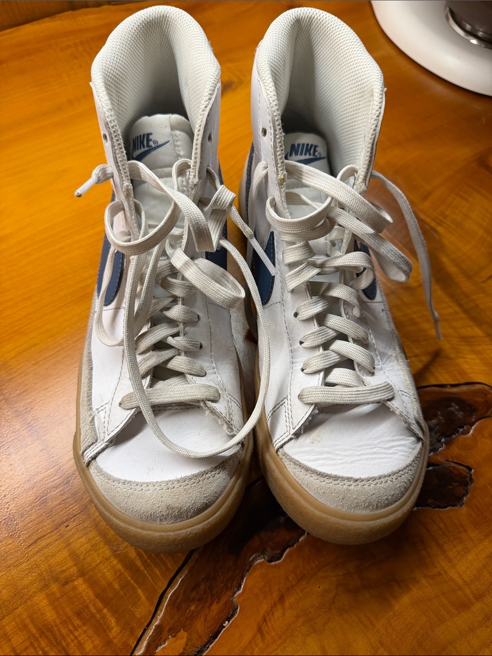 Nike Kids White High-Top Sneakers with Blue Swoosh and Gum Sole